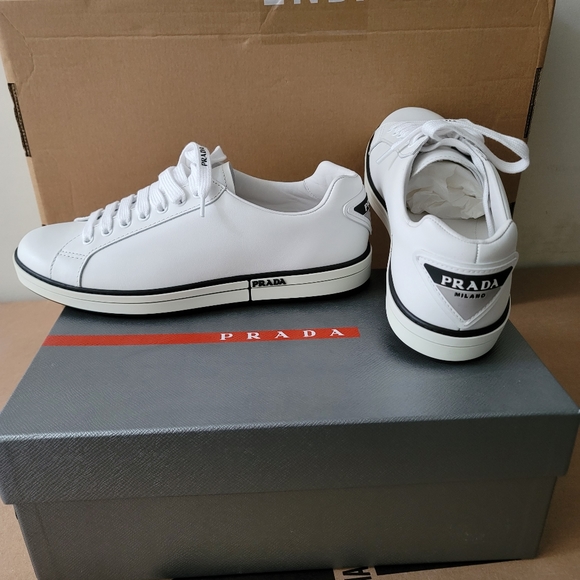 Brand new men PRADA white sneakers in genuine lather with black trim and logo - Picture 9 of 11